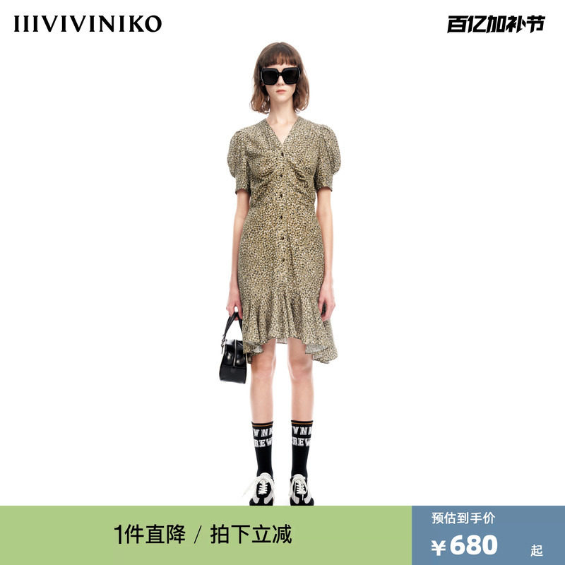 IIIVIVINIKO2023夏新品V领修身碎花连身裙女M320612138E