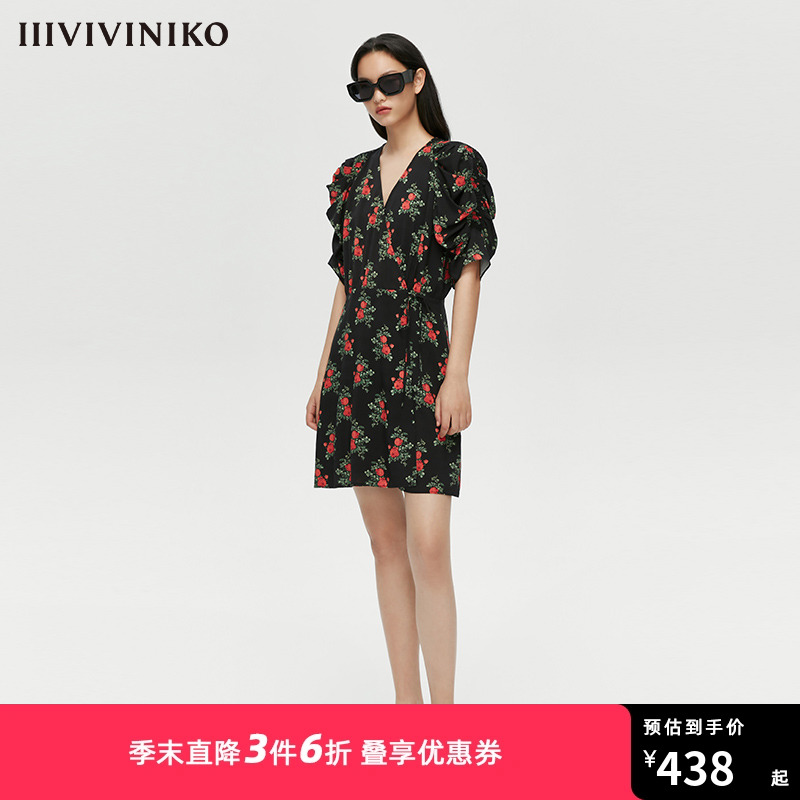 IIIVIVINIKO春夏新品复古法式收腰碎花连衣裙女M110678137C