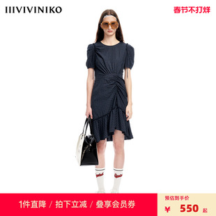 【早春新品】IIIVIVINIKO薇薏蔻气质小格纹不规则抽褶鱼尾连衣裙