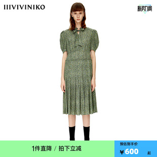 IIIVIVINIKO春夏新品 印花系带微A百褶连身裙女M230623138B