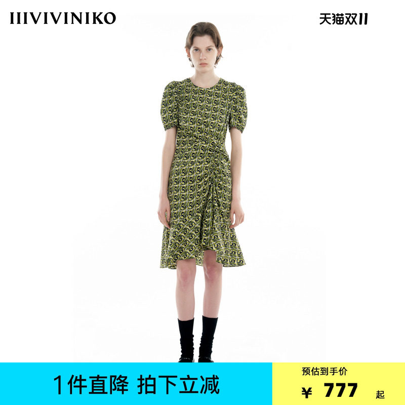 IIIVIVINIKO2024秋新款桑蚕丝不规则抽褶鱼尾连衣裙女R430641129A