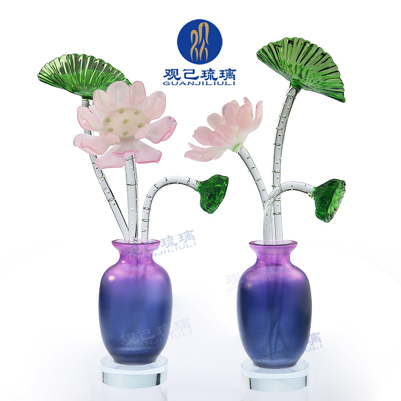古法琉璃工艺品荷花供佛花瓶摆件客厅插花乔迁新居礼品物禅意高档