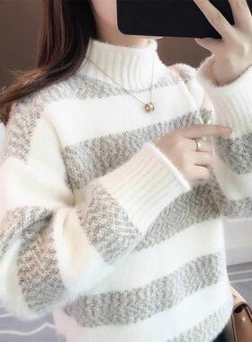 纹毛尚织衣外穿雪尼码尔条上衣秋冬加厚TOW女时士打底针女COM衫宽