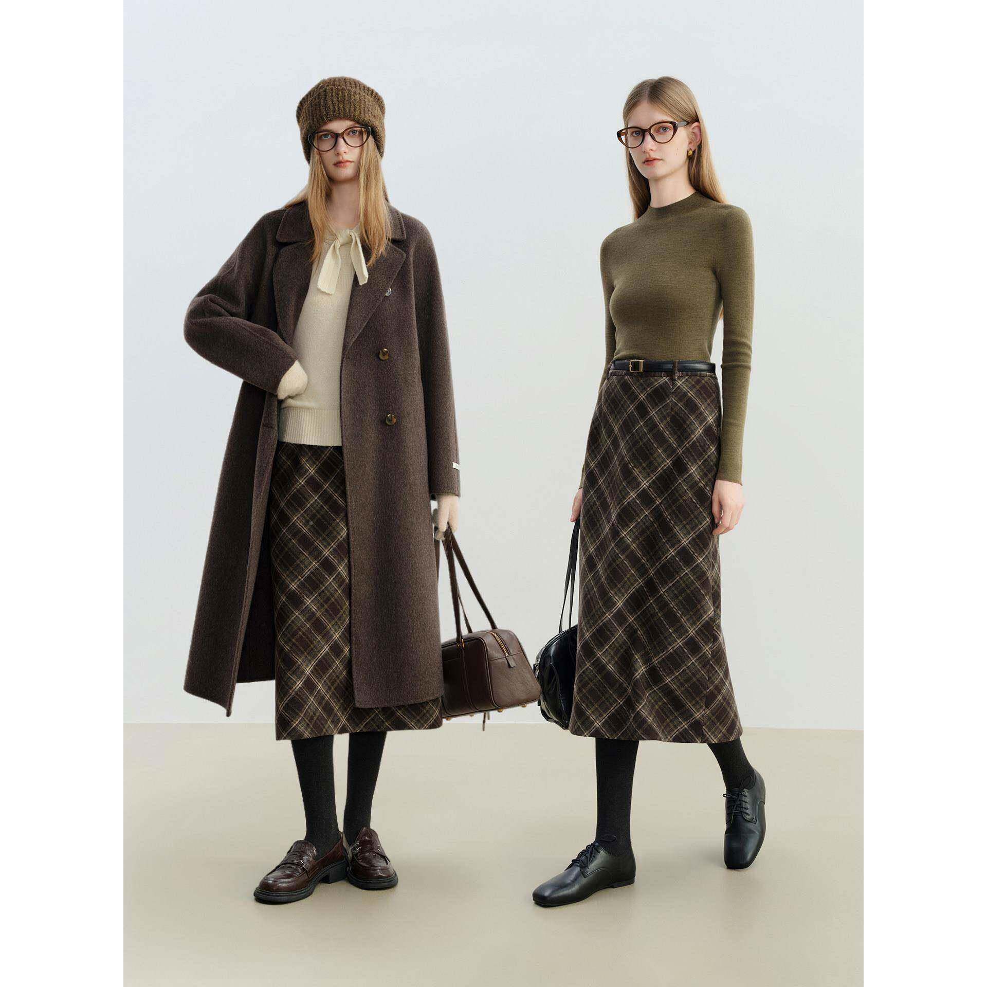 小个子覆古格纹直筒半身裙女巧22HVJ秋冬新款中0长5款自覆PKU古毛