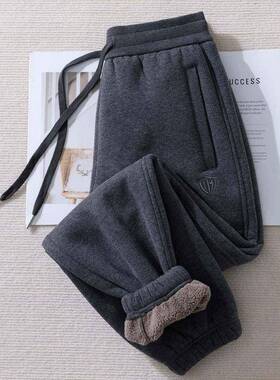 纯棉加超厚保羊绒卫裤女2025REX新羔CMK暖款束口裤绒加厚冬红色裤