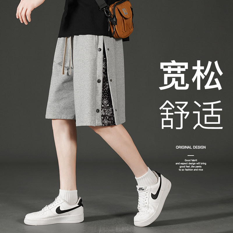 夏季新款腰果花排扣短裤男防晒宽松冰丝休闲运动五六分裤潮牌棉质