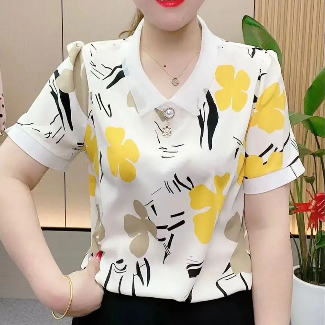 雪纺衫女短袖娃娃领夏季新款2022宽松遮肚子上衣中老年妈妈装