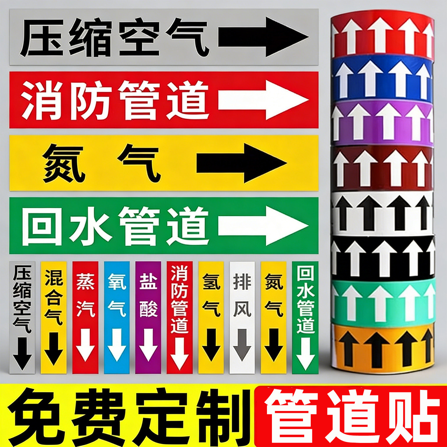 工业管道标识流向箭头贴新国标化介质流向色环标签贴纸压缩空气走向指示牌氮气体管路方向消防水管冷热气流牌