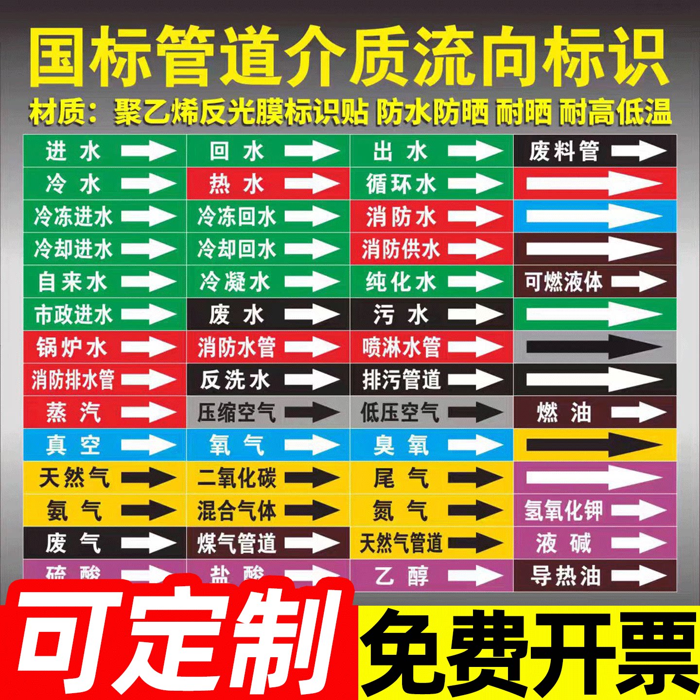 水流方向标识管道标识贴纸消防管道流向标识流向箭头介质气体流向管道标签贴天然气管道流向标识贴纸国标定制