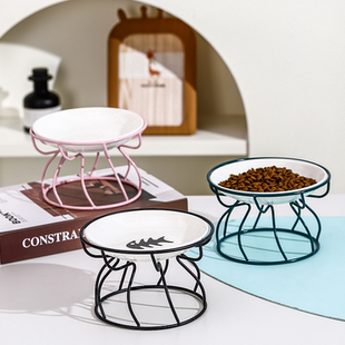 套装猫碗陶瓷高脚保护颈椎猫粮碗猫零食罐头碗猫饭碗猫盆防黑下巴