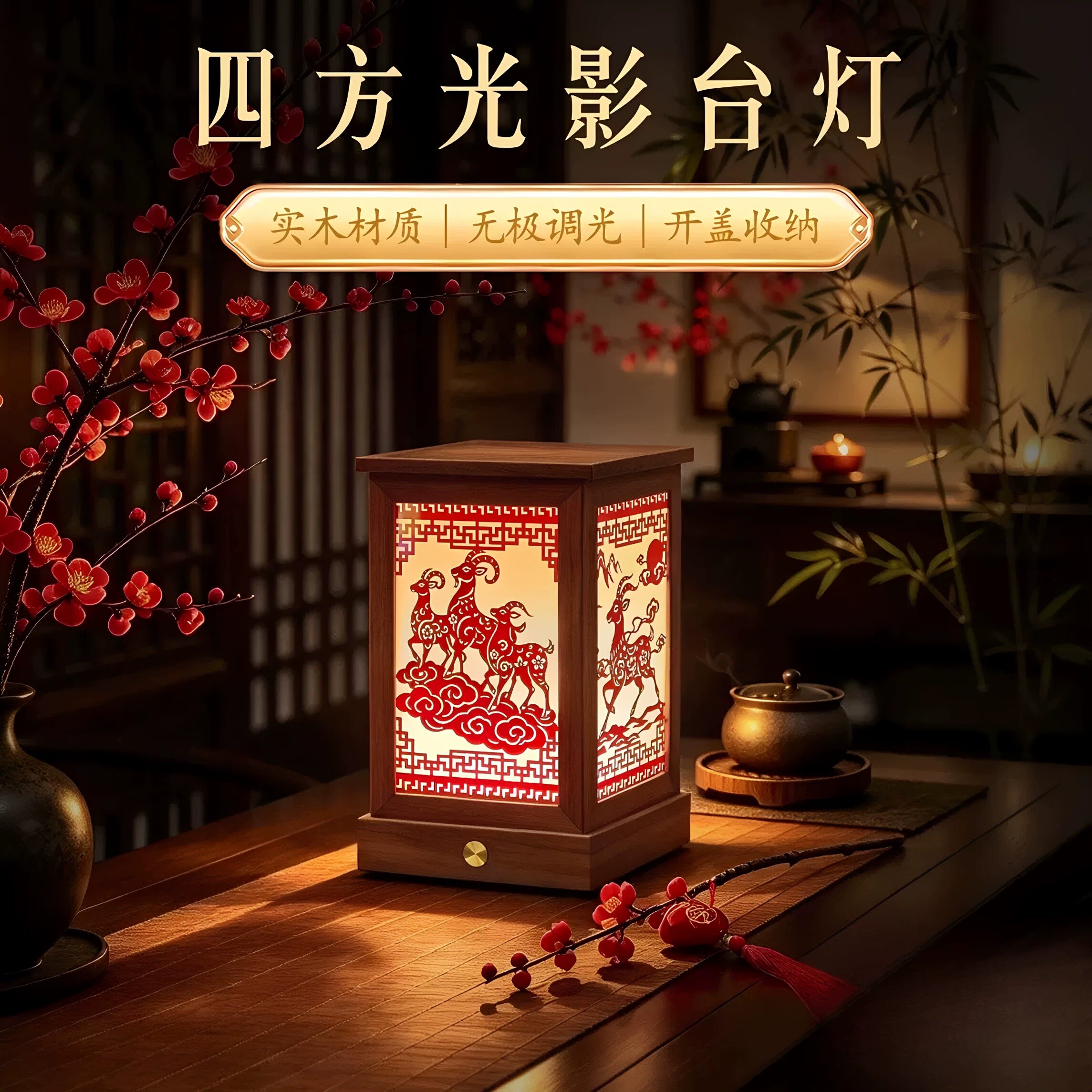 新中式胡桃木方形台灯可DIY纸雕