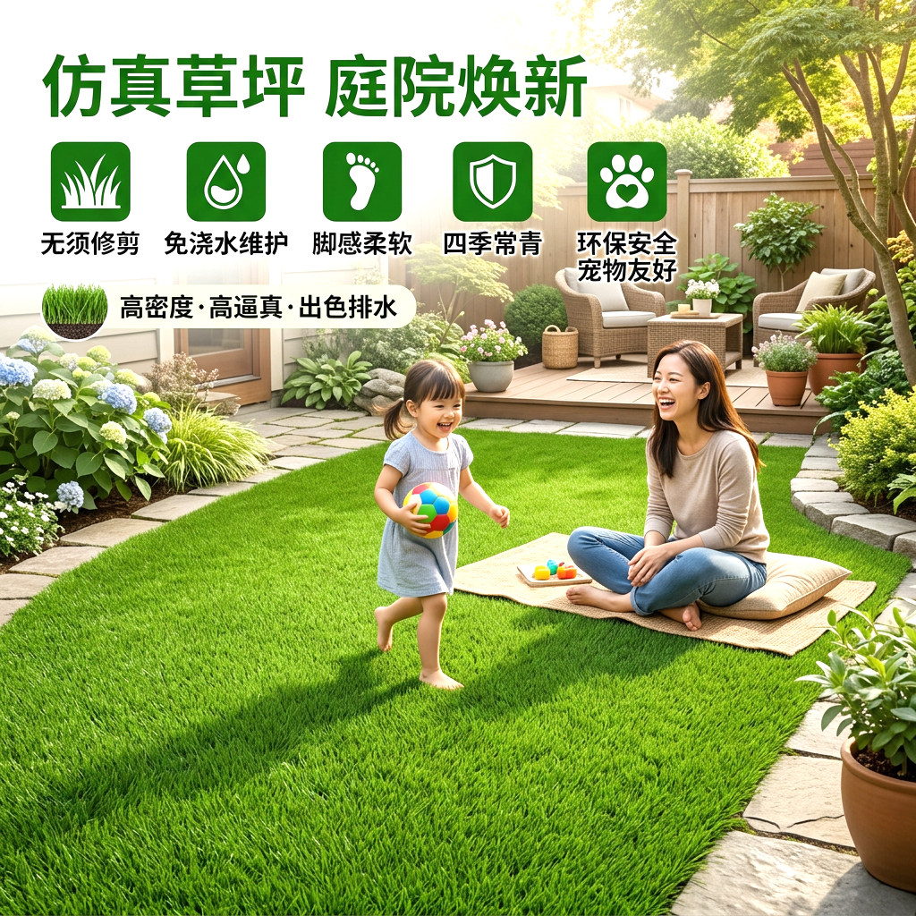 仿真草坪地毯人工假草坪铺垫户外绿色人造塑料地垫幼儿园室外草皮 - 实物图