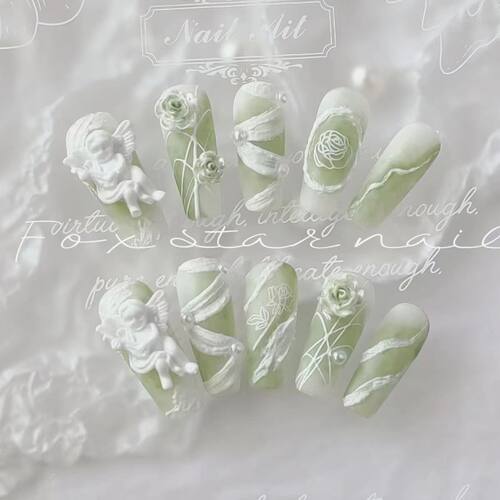 纯手工穿戴甲美甲天使绿