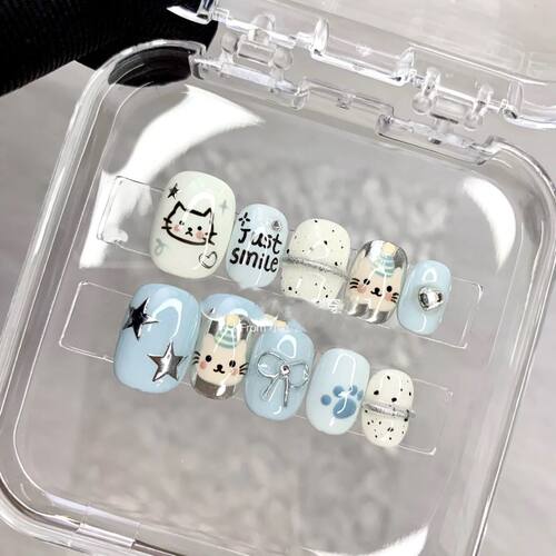 纯手工儿童穿戴甲女童显白湛蓝美甲穿戴纯手工涂鸦短款手绘可爱小