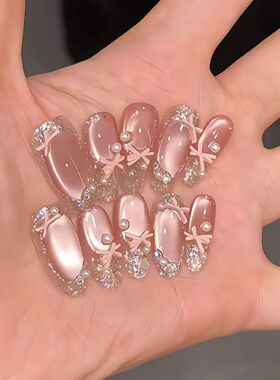 纯手工儿童穿戴甲女童美甲粉色新款蝴蝶结纯手工高级美甲显白气质