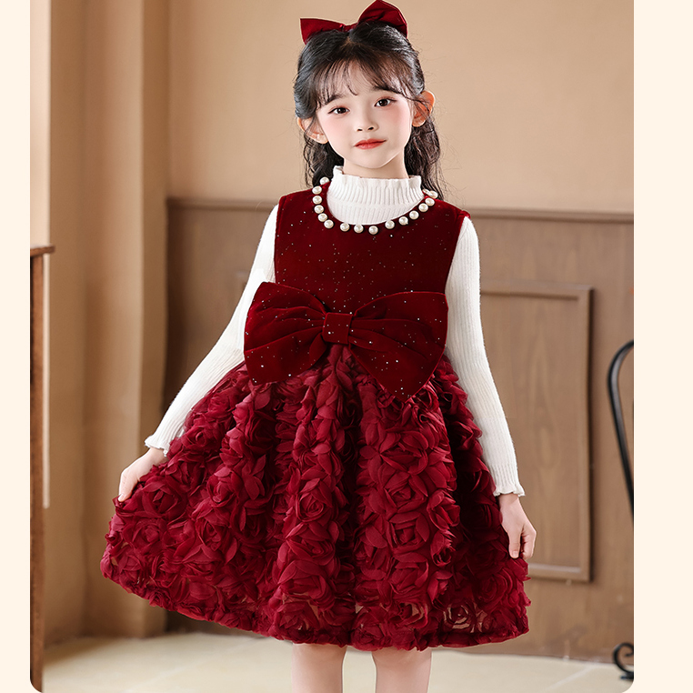 女童公主裙加绒加厚新年衣服红色