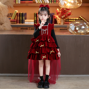 女童礼服花童婚礼公主裙加绒女孩儿童生日轻奢小众高端红色连衣裙