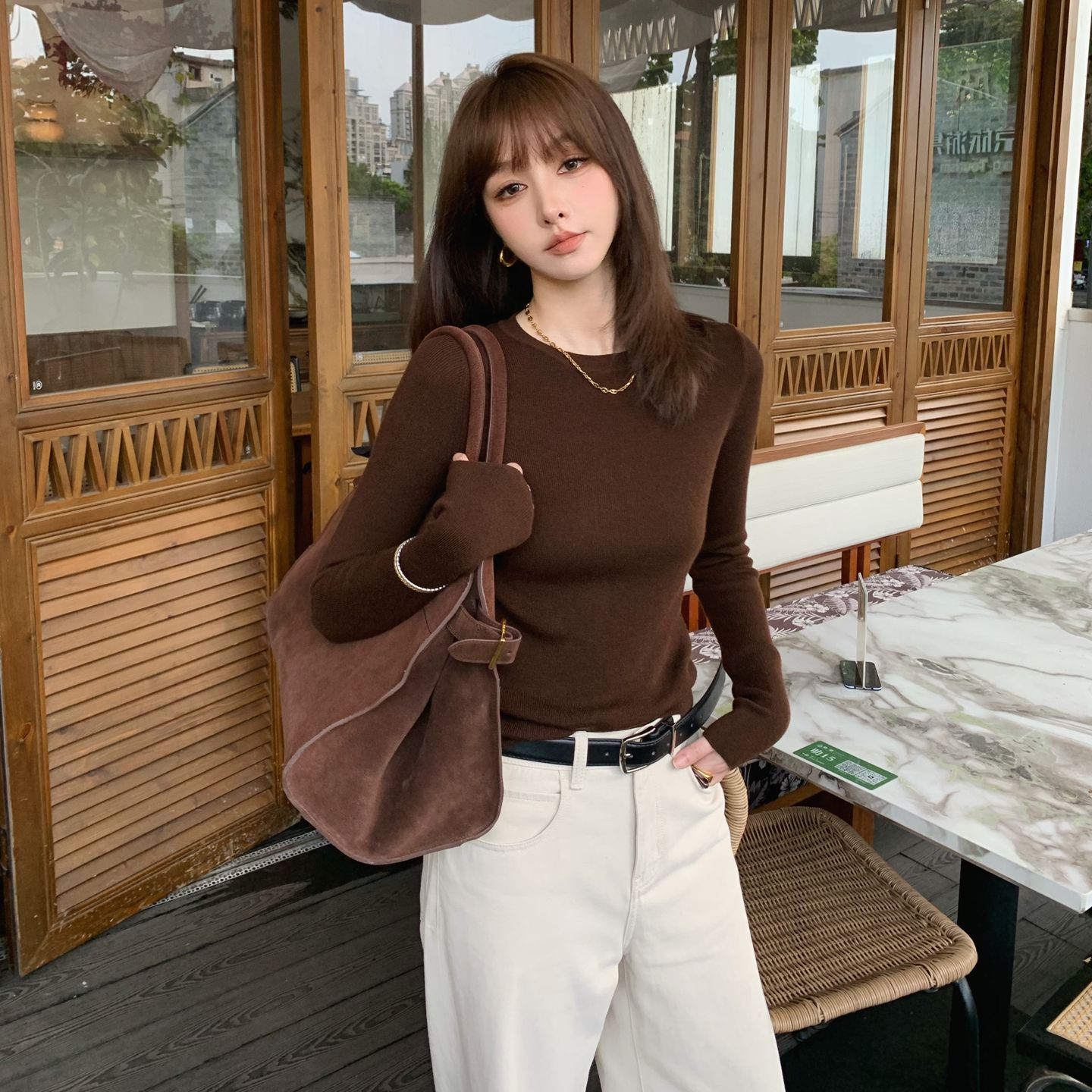 圆领针织衫女咖色羊毛衫上衣百搭休闲内搭毛衣打底衫长袖秋冬通勤