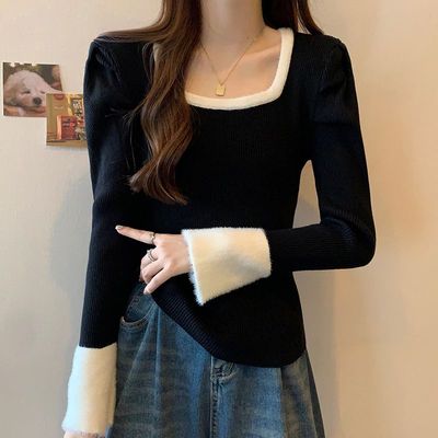 法式方领针织打底衫女秋