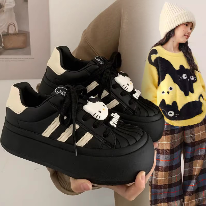 女童2026春秋款百搭德训休闲鞋中大童条纹KT猫装饰洋气日常面包鞋