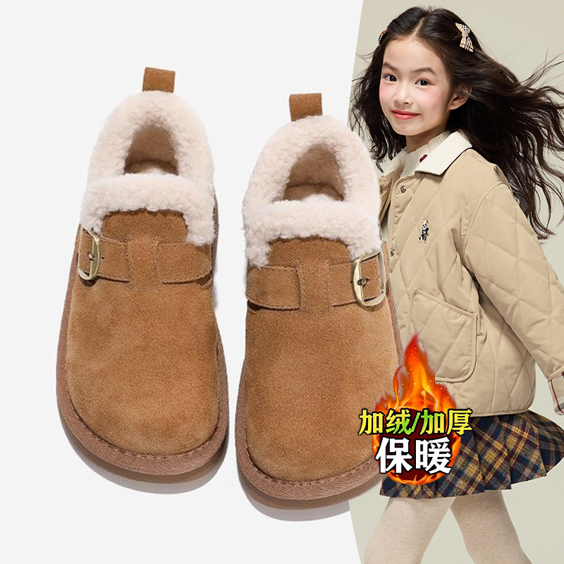 2025冬季新款加绒加厚儿童棉鞋女童复古简约保暖雪地靴百搭勃肯鞋