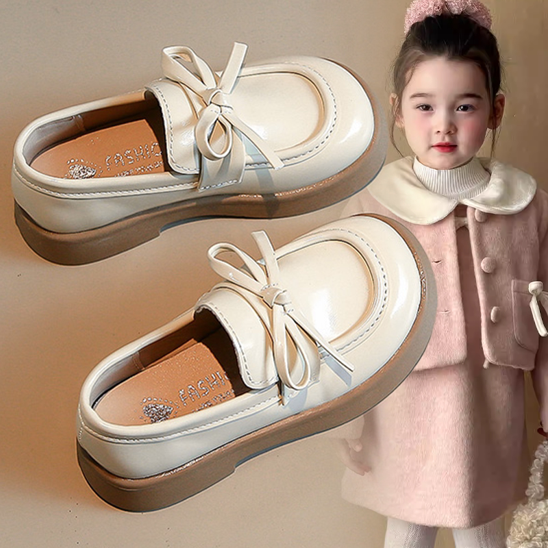 女童宝宝公主风春季新款小皮鞋蝴蝶结黑白软底2026女童百搭小皮鞋