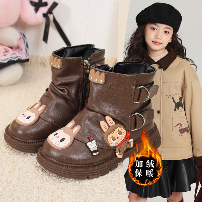 2025冬季新款儿童时尚洋气百搭皮靴加绒二棉鞋潮女童卡通labb短靴