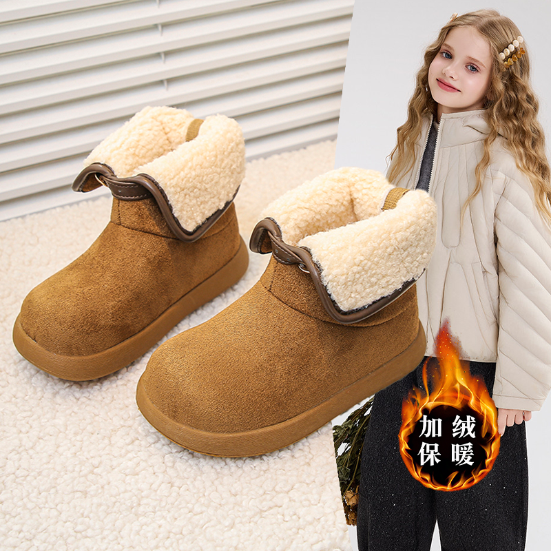 2025新款女童保暖一脚蹬毛毛鞋棉鞋潮磨砂皮两穿羊羔毛加绒雪地靴