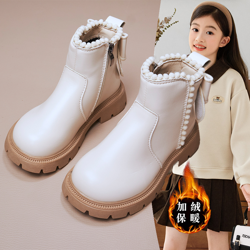 2025冬季二棉靴子女童皮面保暖短靴时尚中大童时装靴中大童潮时尚