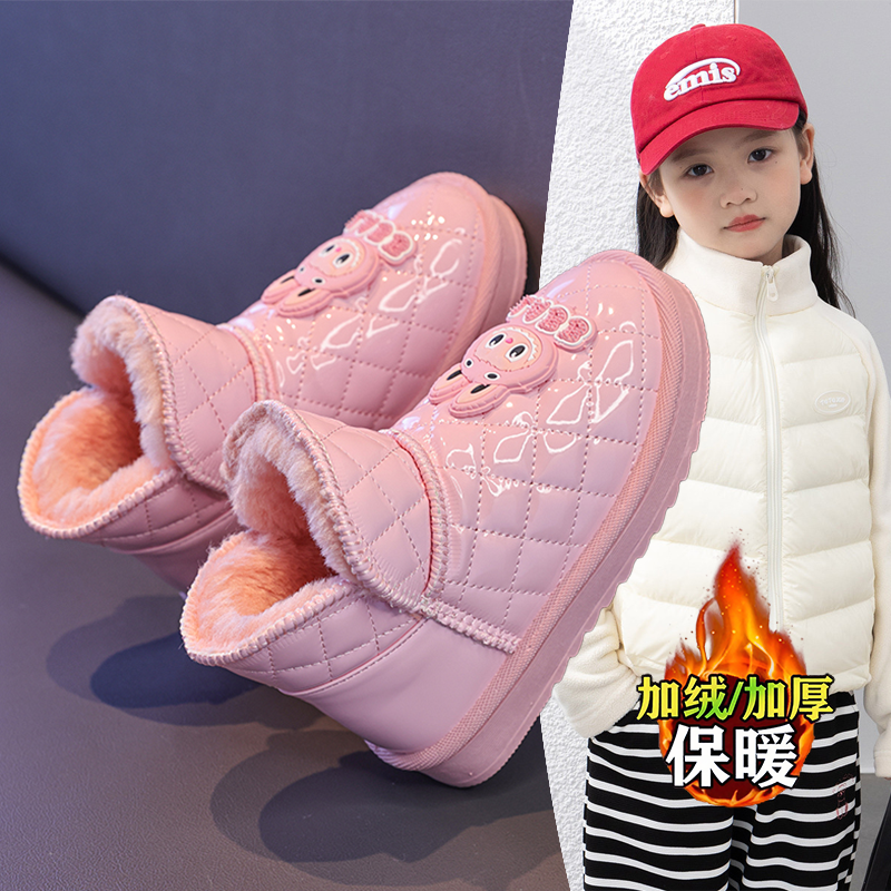 女童卡通labubu皮面防水雪地靴2025年冬款加绒加厚保暖棉鞋时尚潮