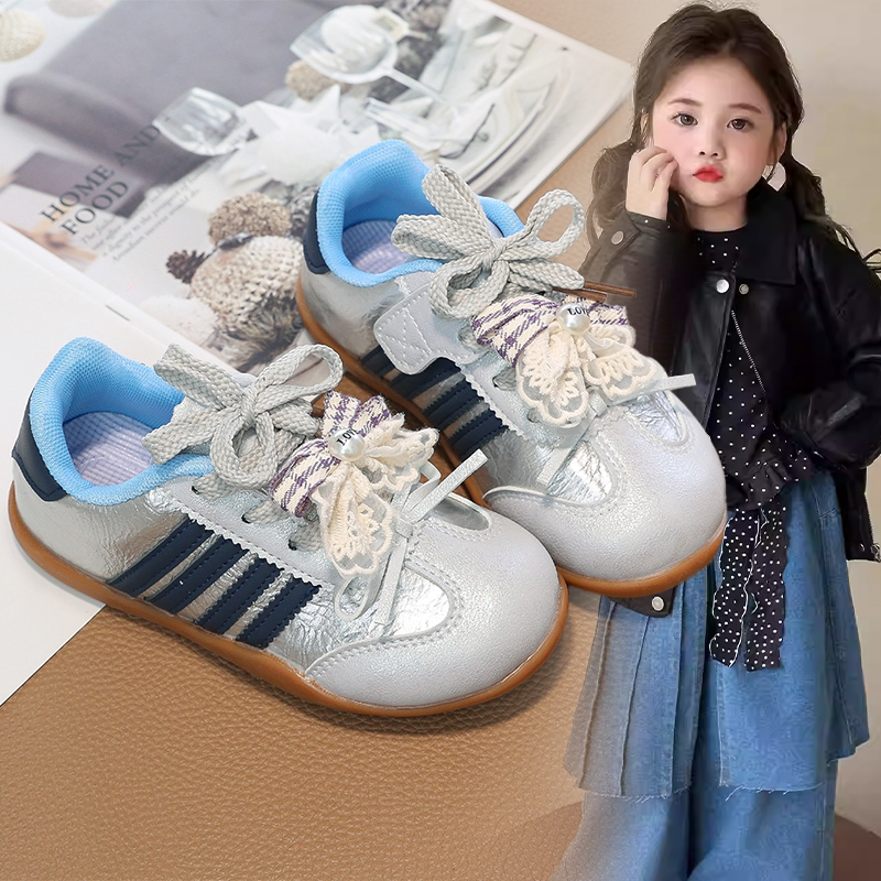 儿童2026春秋新款甜美蝴蝶结拼色设计板鞋女童小众百搭轻便休闲鞋