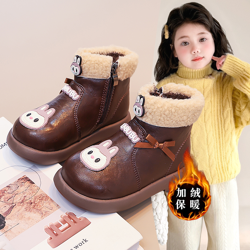 女童卡通LABB加绒棕色毛边防水短靴防滑耐磨可爱韩版百搭时尚女孩