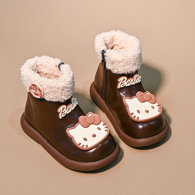 女孩靴子二棉鞋毛毛短靴软底冬鞋女童棉鞋冬季皮面防水保暖加绒鞋