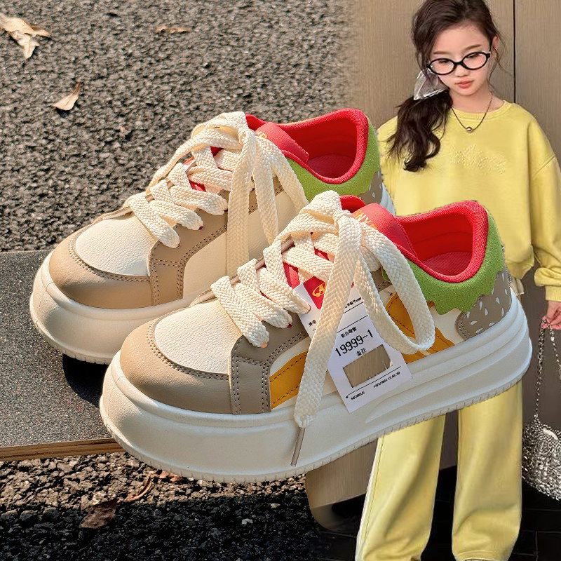 2025春秋新款百搭女童板鞋配阔腿裤时尚小白鞋面包鞋运动鞋汉堡鞋