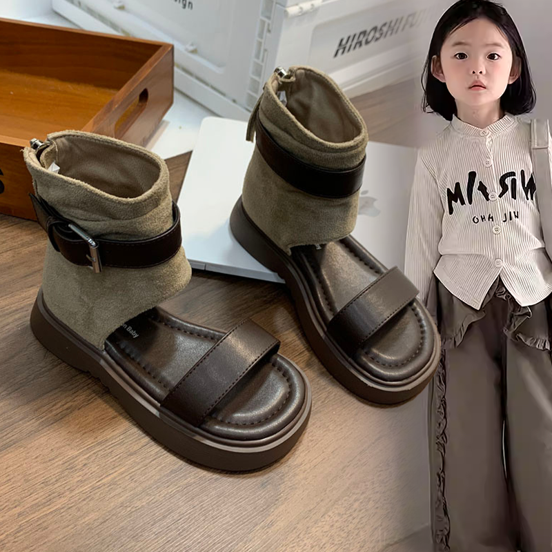 女童时尚潮酷高帮露趾凉鞋中大童女孩2026夏季拉链款个性百搭童鞋
