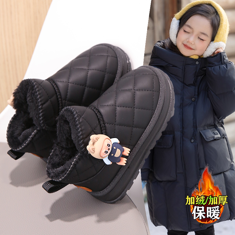 女童韩版2025秋冬新款卡通拉布布防滑防水加绒加厚棉鞋防水皮靴子