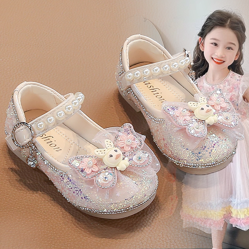 女童2025春季新款女孩水晶鞋亮钻公主鞋皮鞋宝宝鞋软底舒适儿童鞋