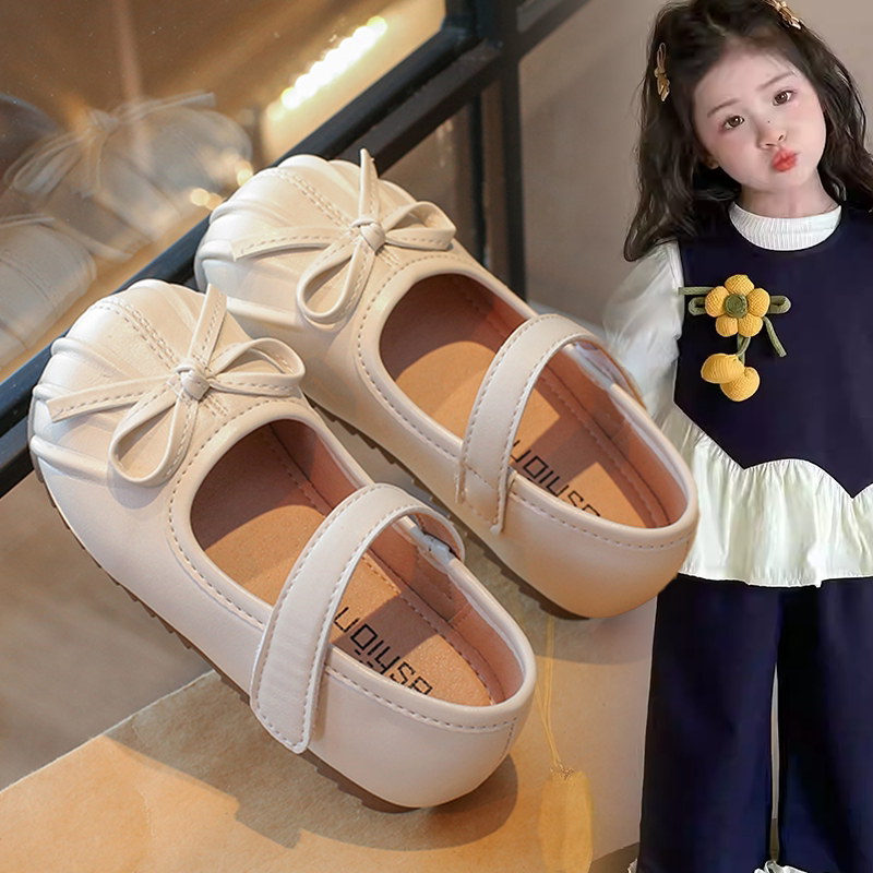 女童魔术贴蝴蝶结装饰百搭小皮鞋小童宝宝2026春秋新款软底公主鞋