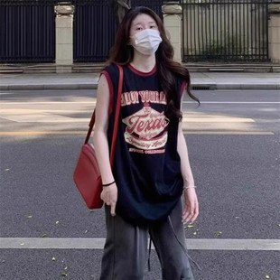 拼色纯棉无袖 外穿小背心宽松减龄辣妹坎肩上衣服 T恤女夏季 中长款