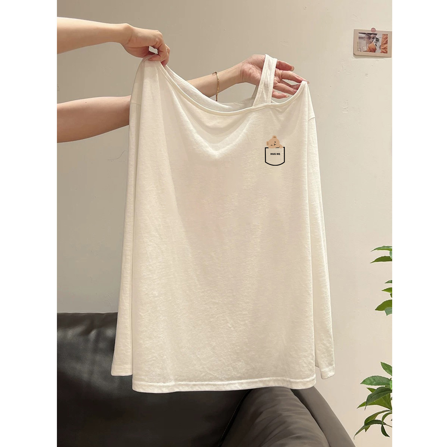 白色斜肩设计感小众吊带纯棉长袖