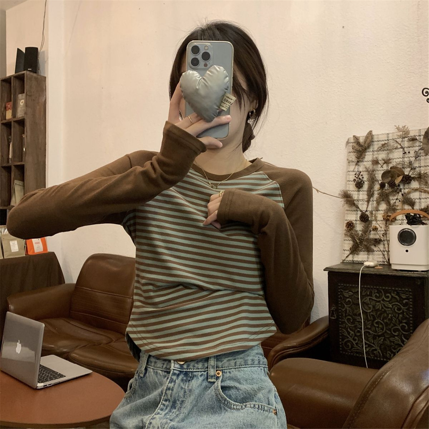 德绒磨毛圆领条纹长袖t恤女生时尚百搭保暖内搭打底衫上衣秋冬季