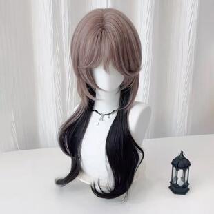 高层次狼尾鲻鱼头假发米棕渐变黑色水母头卷发仿真全头套