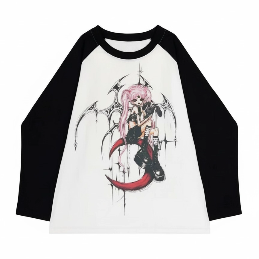 番茄小诗  gothgirl哥特美学黑红千禧风复古潮Yandere插肩长袖T恤