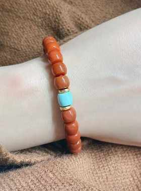 天然南红手串女正品柿子红精致显白玛瑙珠子手链绿松石蜜蜡配饰