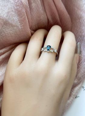 925银镶嵌伦敦蓝托帕石戒指活口可调节女士精品戒指