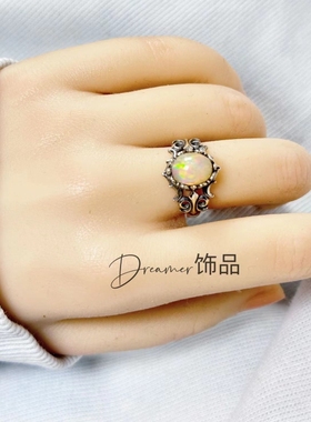 925银镶嵌天然欧泊复古戒指开口可调节