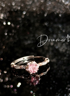 Dreamer925银镶嵌天然粉碧玺戒指ins风戒指开口可调节