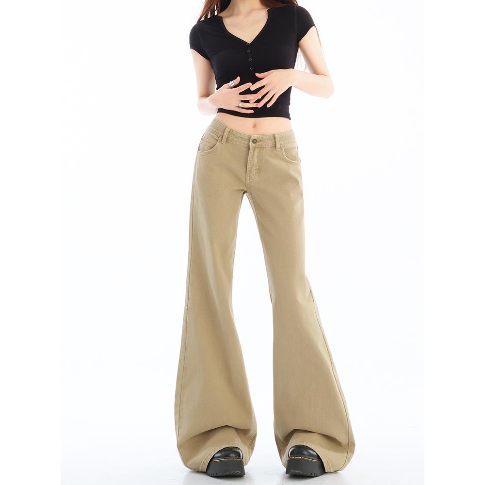 美式卡其色微喇牛仔裤女不贴腿2025夏季新款复古低腰阔腿拖地裤子