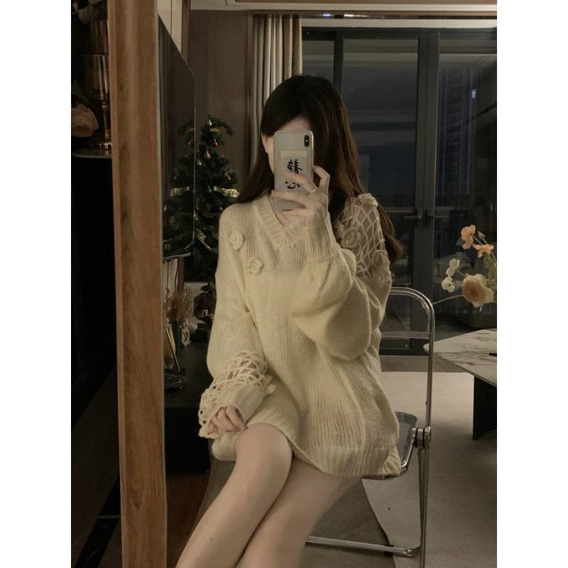 现货速发大码装慵懒不规则镂空立体小花装饰中长款针织毛衣春季长
