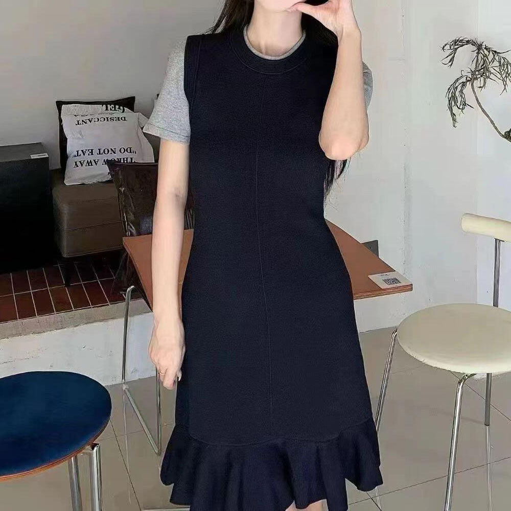 maSandeS家法式A字裙女装2025秋季假两件荷叶边收腰鱼尾针织短款